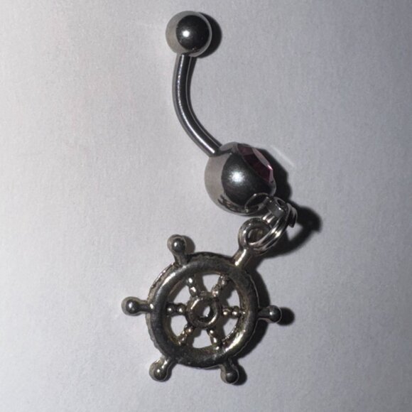 Pink Gem Nautical Wheel Design Dangle Belly Ring - Picture 3 of 12